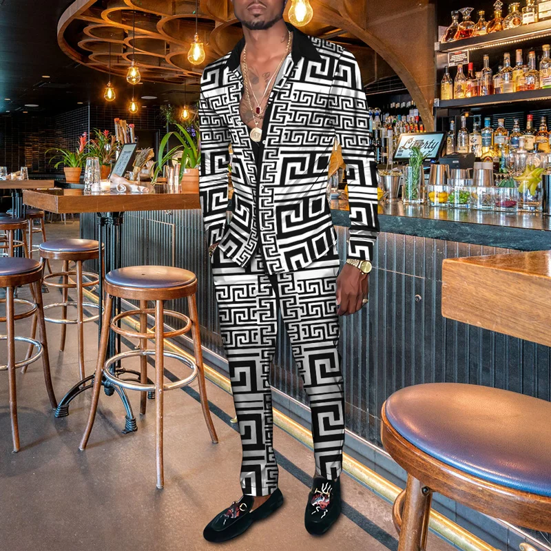 2022 Fashion dress party Suit Men's creative geometry Print Long Sleeve Shirt Pants 2 Piece Set Oversized Casual Wear Hip Hop