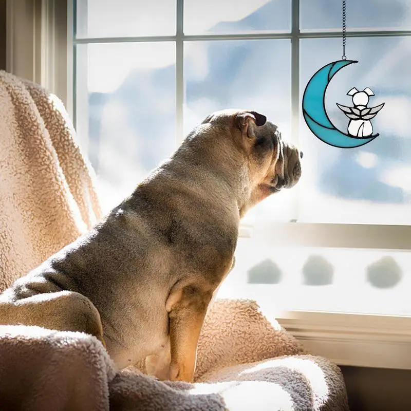 Витраж подвесная панель для окна собака на Луне подвесное украшение гостиной в