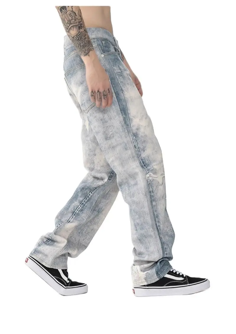 Men's 2022 autumn and winter new fashion brand digital printing retro jeans washed street mid-waist straight trousers