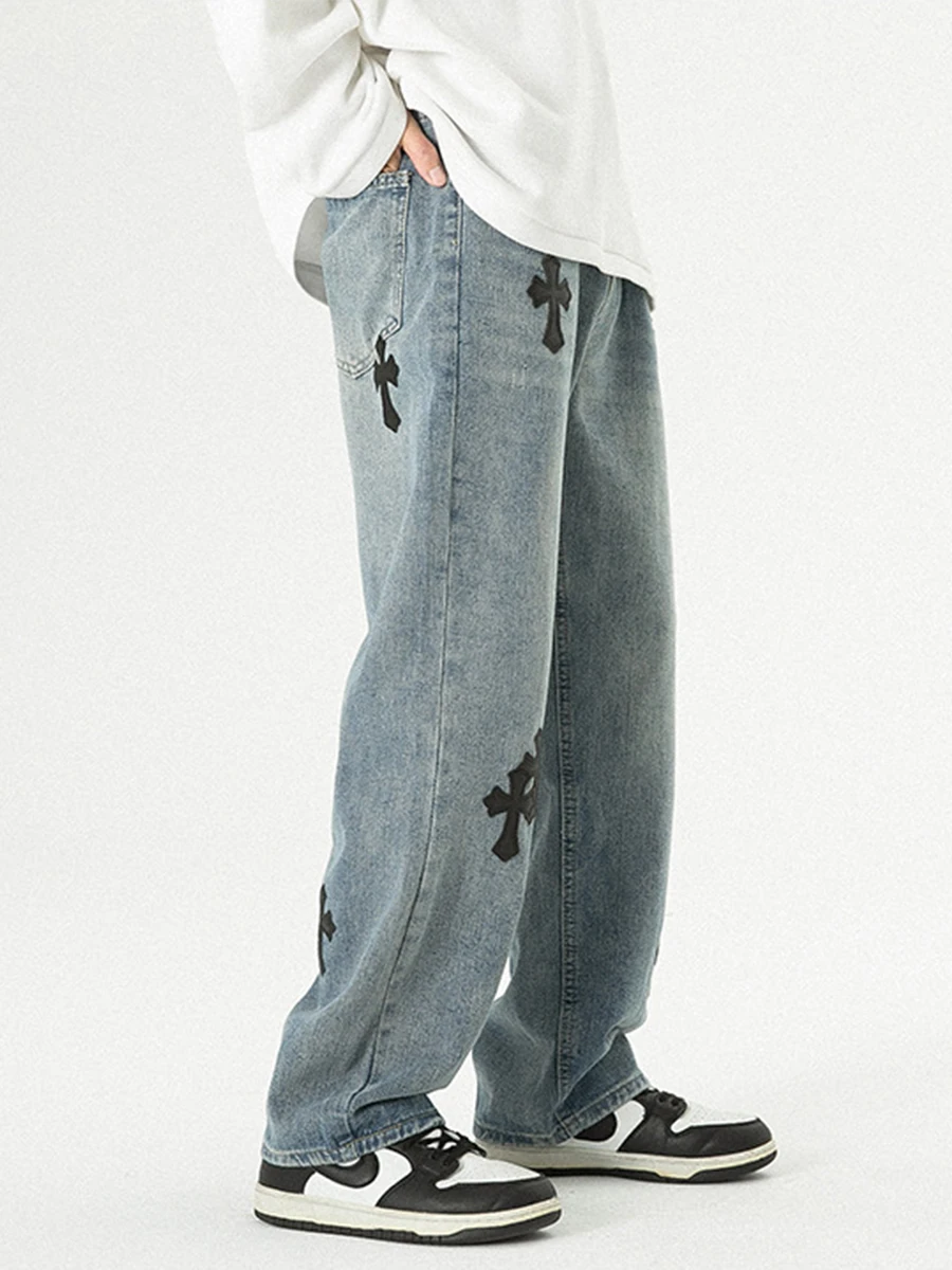Four Seasons Men Jeans Trend Hip Hop Cross High Street Embroidery Retro Wide Leg Pants Streetwear Y2K Men Jeans ins Hot Menswear
