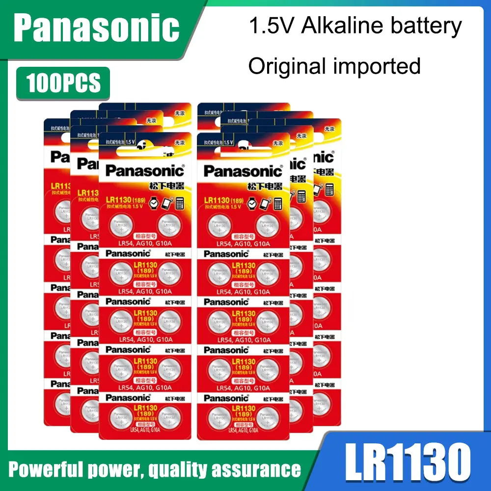 

100pcs/lot Panasonic 1.5V AG10 LR1130 Alkaline AG10 389 LR54 SR54 SR1130W 189 LR1130 Button Coin Cell Battery Batteries LR 1130
