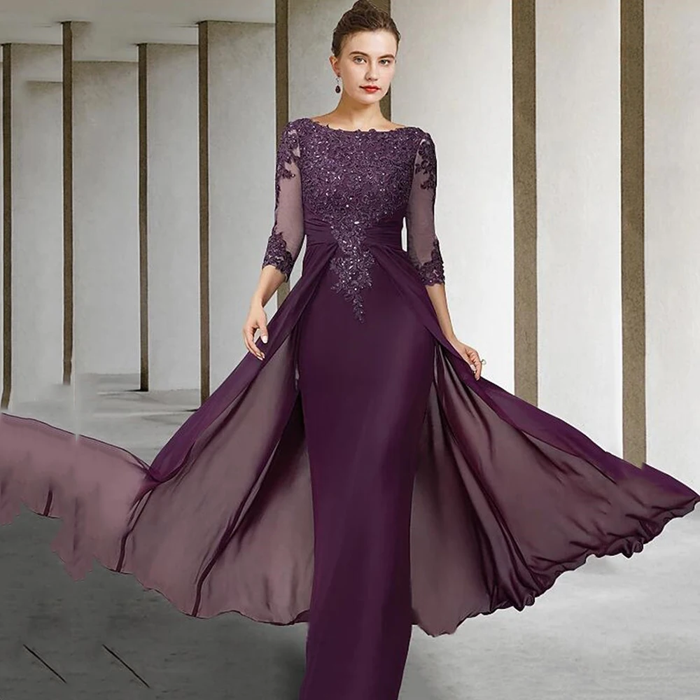 

2022 Mother Of The Bride Dresses For Weddings Big Size Scoop Neck Chiffon Formal Lace Applique Evening Party Guests Dress