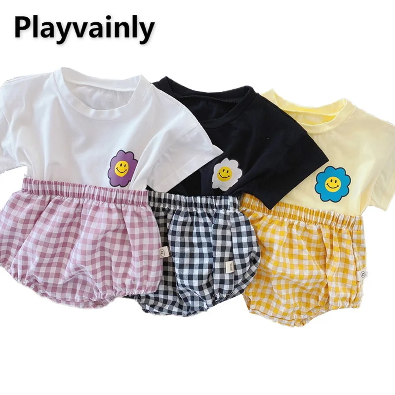 

2022 Summer Baby Girl Boy 2pcs Sets Short Sleeves White Yellow Round Collar Cartoon Smile T-shirt+Plaid Shorts Infant Suit E071