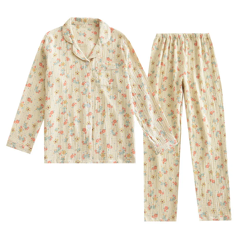 Spring Autumn Floral Print Ladies Pajama Set Crepe Cotton Soft Pyjamas Turm-down Collar Home Suit Women's Pajamas Set For Sleep