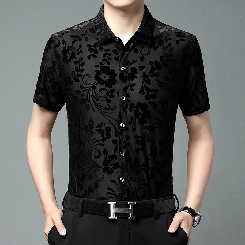 

Рубашка мужская с короткими рукавами, пикантная эластичная прозрачная сорочка для выпускного вечера, с цветочным узором, золотистая бархатная ажурная кофта, лето