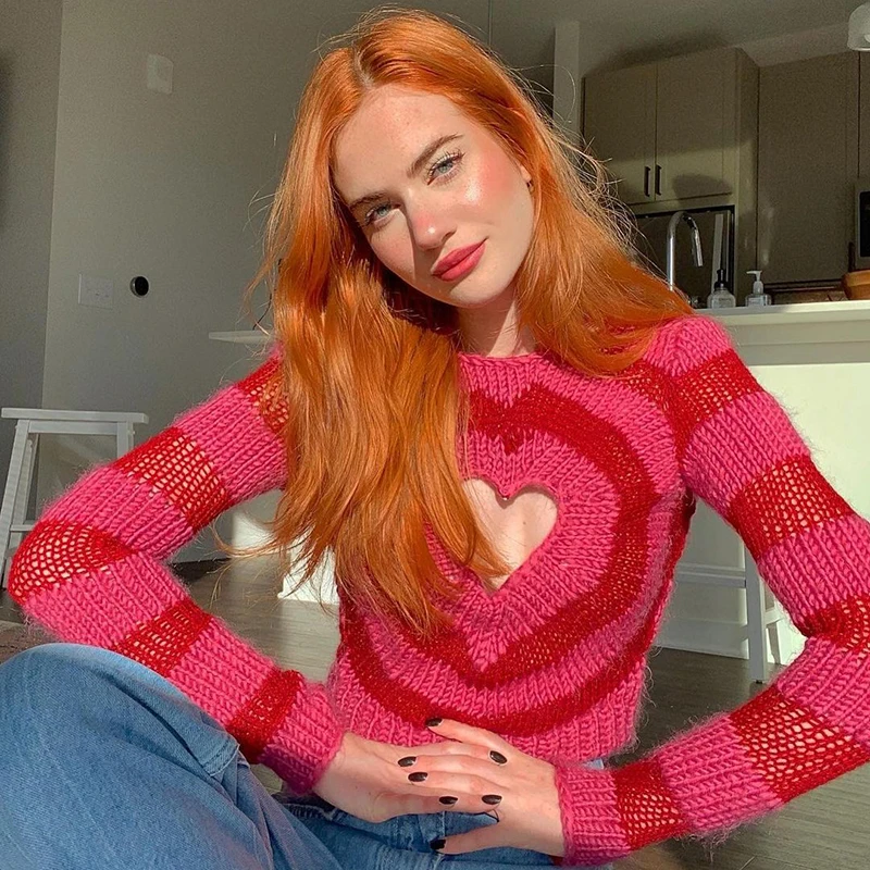 

Heart Shape Hollow Out Sweaters Sweet Cute Sexy Long Sleeve O-Neck Knitted Pullovers Women 2021 Winter Casual Streetwear