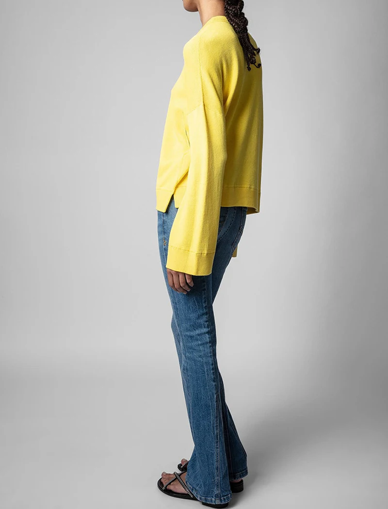 

Женский свитер в стиле High Street, осенне-зимний желтый хлопковый пуловер с расклешенными рукавами и надписью, дизайнерский свитер для отдыха, н...