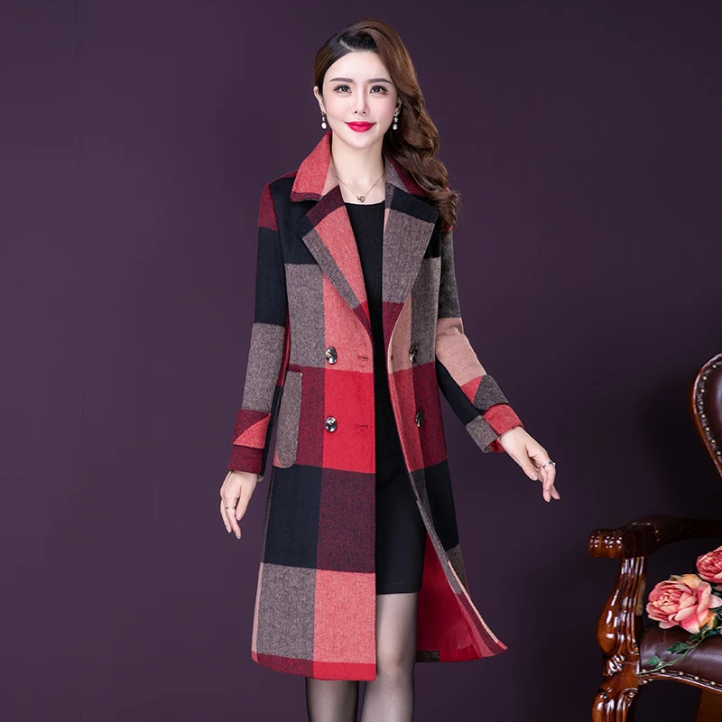 L-5XL Women Woolen Coat Autumn Winter New Fashion Plaid Wool Blends Jacket Thick Warm Outerwear Long Overcoat Female Yellow Red