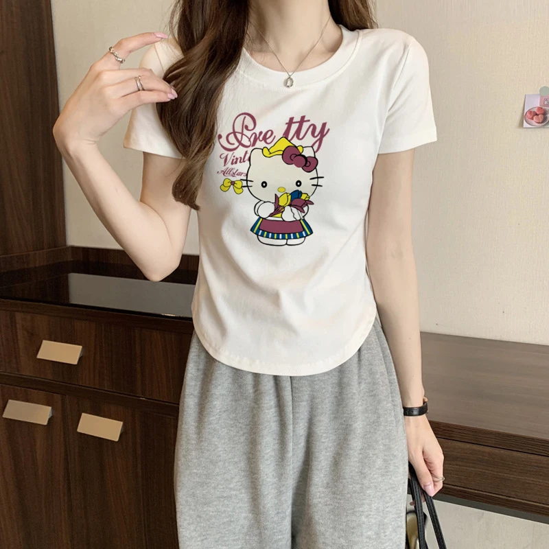 

Sanrio Kawaii Hello Kitty Kuromi почтовый мультфильм круглый вырез с коротким рукавом футболка Летняя Милая Аниме хлопок тонкий Простой Топ