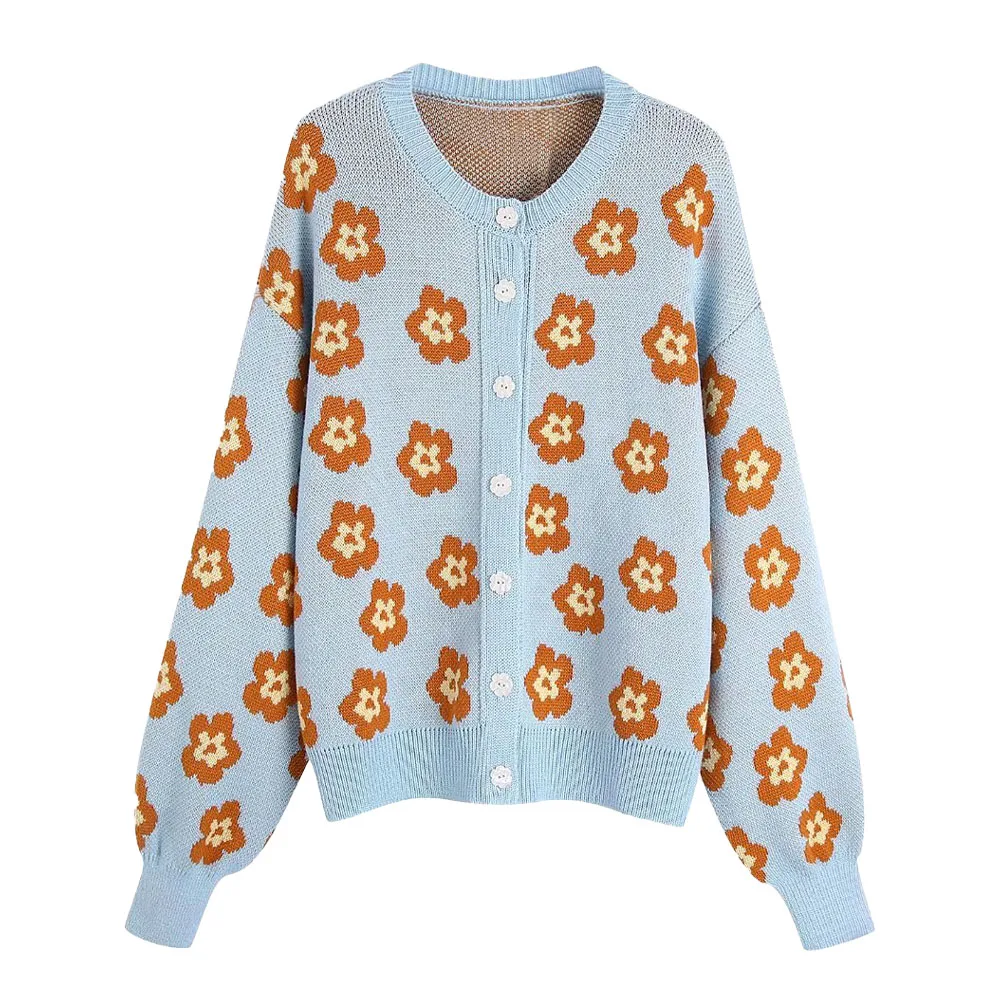 

Women's 2022 Chic New Flower Pattern Jacquard Knit Jacket Fashion O Neck Casual Retro Long Sleeve Female Cardigan Sweater Mujer