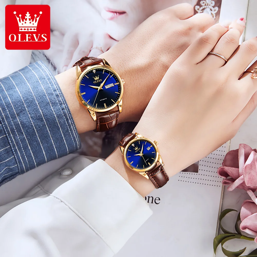 OLEVS 6629 Waterproof Fashion Watches for Couple Automatic Mechanical Genuine Leather Strap Full-automatic Couple  Wristwatch