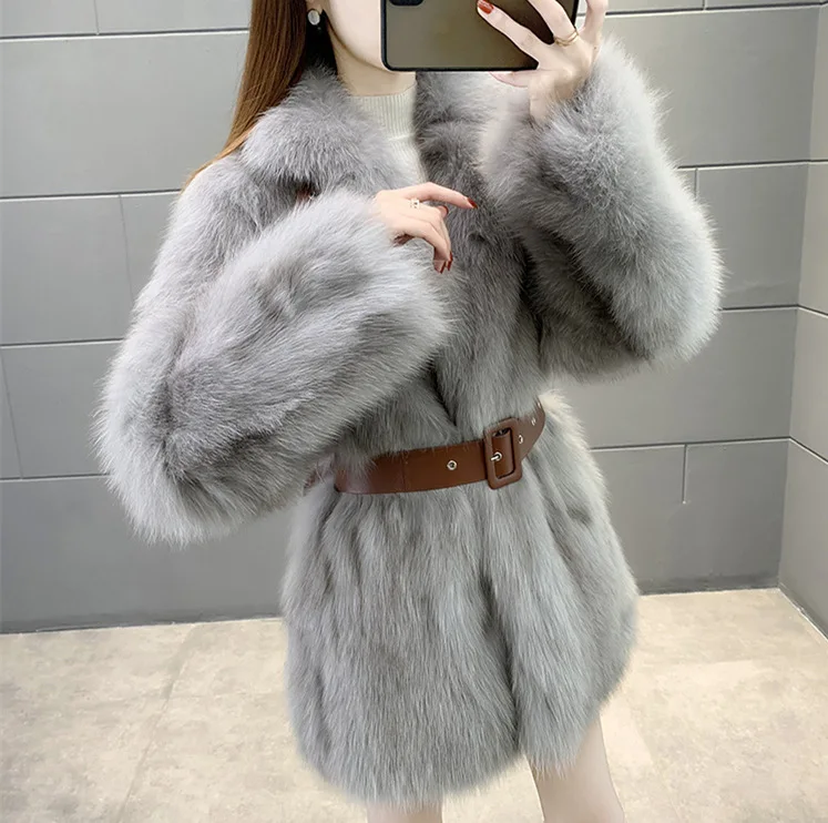 Winter Long Sleeve Coat Women Clothing Faux Fox Fur  Fashion Thick Warm  Coats Outerwear Fake  Jacket  with Belt