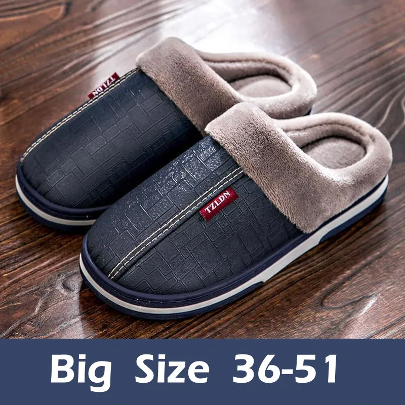 Big Size 50 51 Men's PU Leather Slippers Couples Indoor Waterproof Furry Flats Winter Warm Plush Shoe Women Non Slip Home Slides