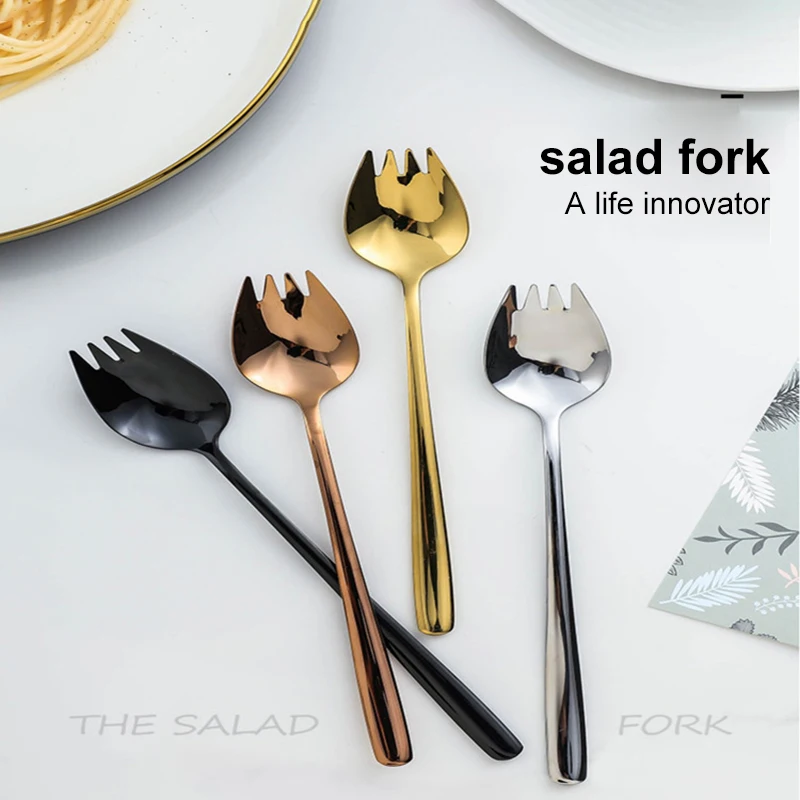 

2PCS/Set Salad Spoon Fork 304 Stainless Steel Integrated Fruit Spoon Instant Noodles Spoon Fork Dessert Spoon Fork Kitchen Tool