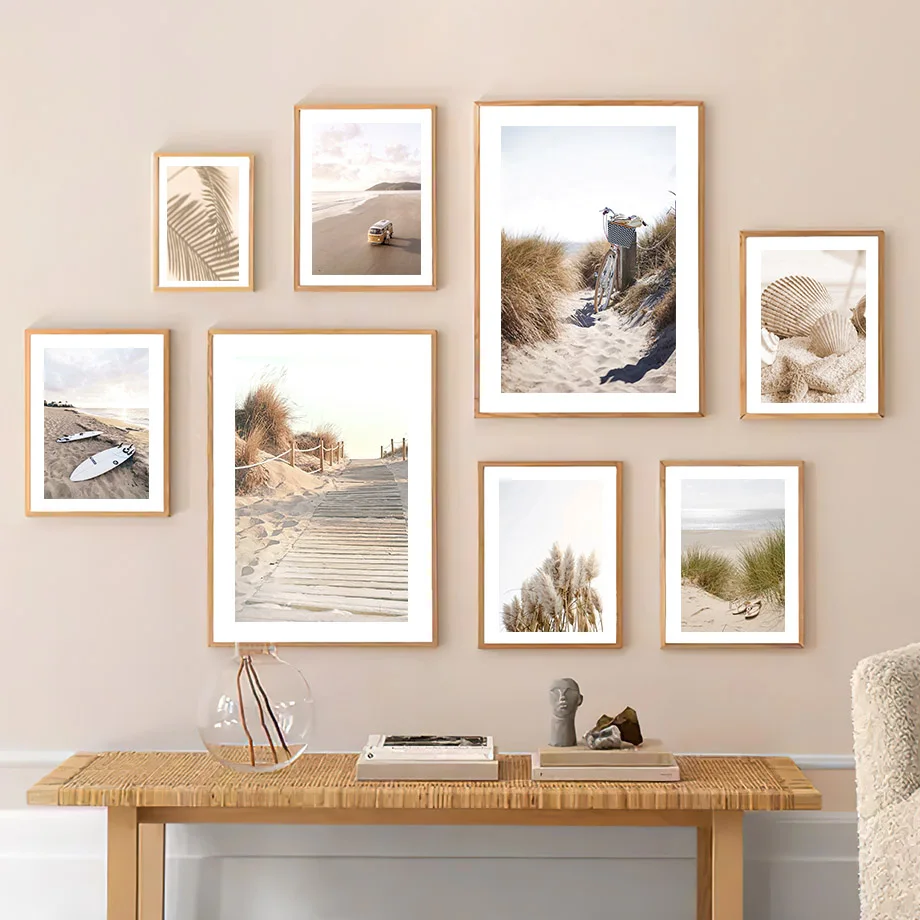 Бохо бежевый природа тростник велосипед пляж серфинг стены искусства Печать