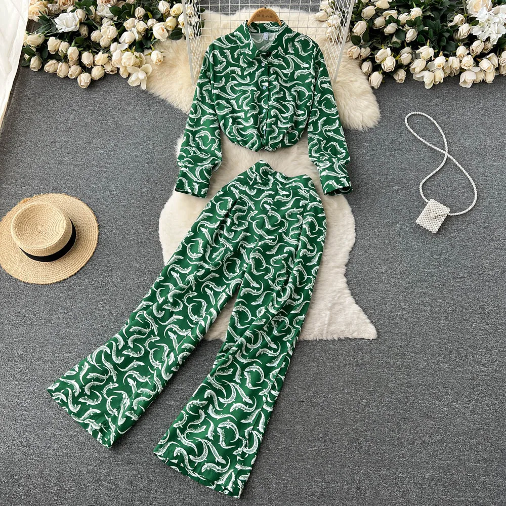 

VANOVICH European and American Print Long-sleeved Shirt Women's Summer New Fashion Casual High Waist Wide-leg Pant Two-piece Set