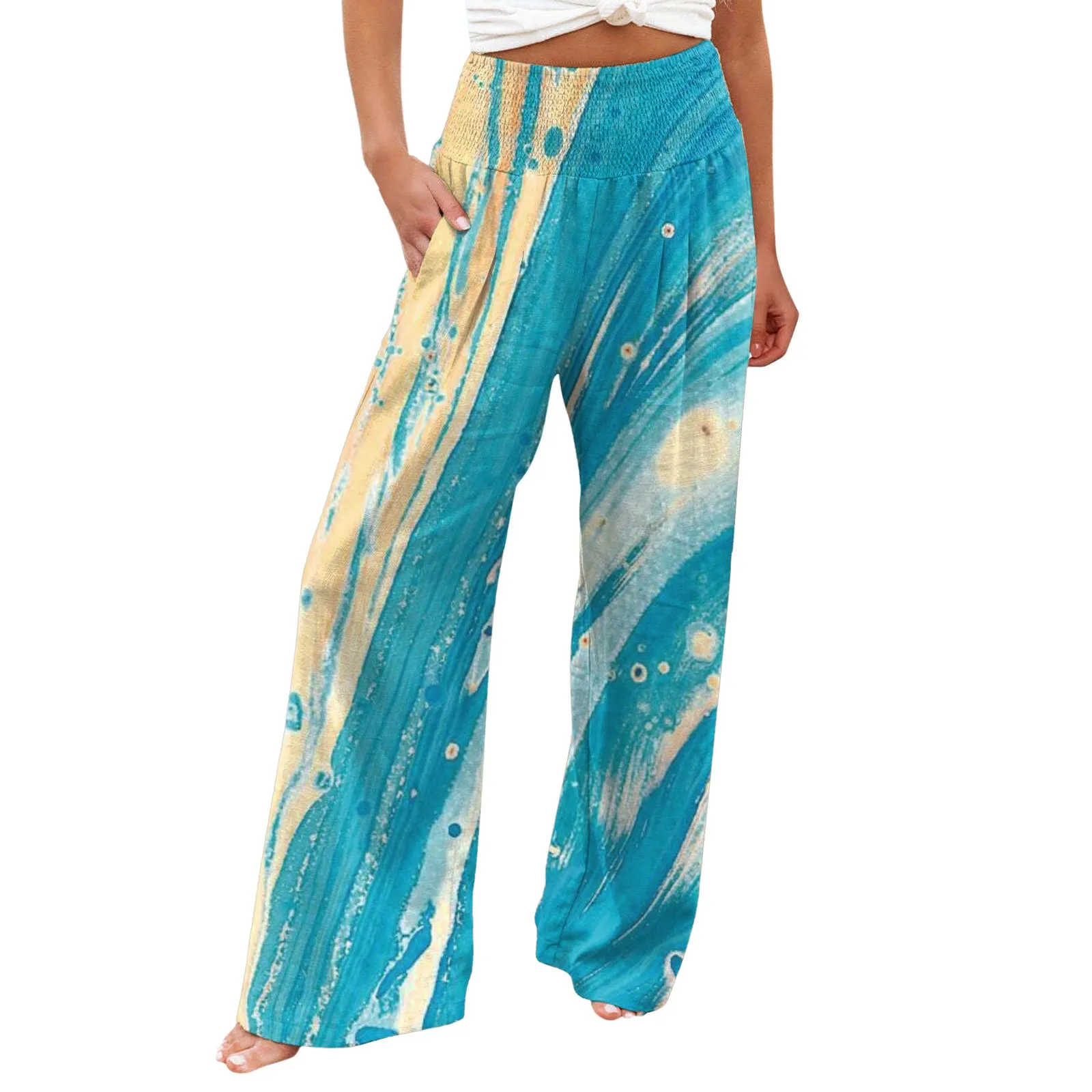 Women's Floral Print Wide Leg Pants with Pockets 2023 Summer New Boho Beach Trousers Cotton Linen Elastic High Waist Trousers