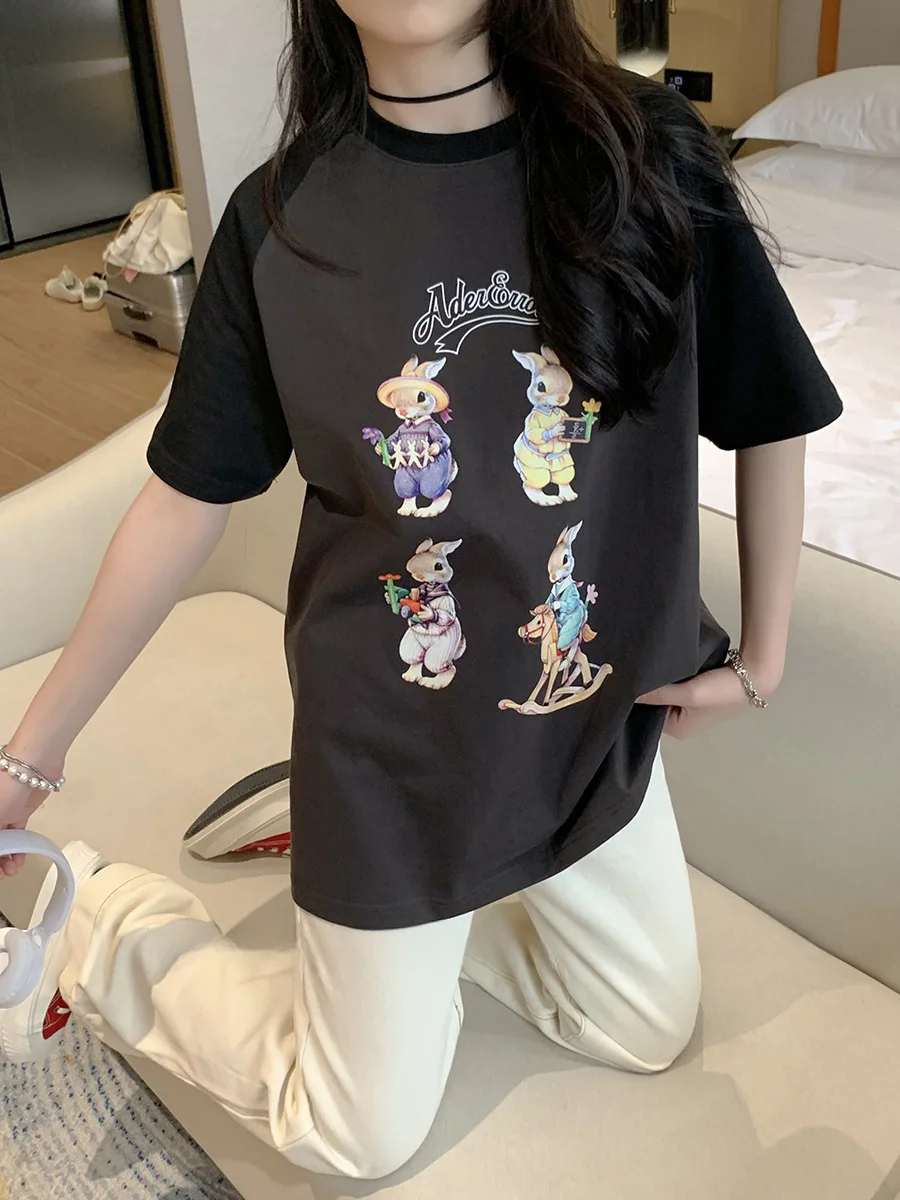 

Short sleeve Women Fashion Brand Loose Design Sense Niche New Cute Cartoon Rabbit Round Neck T-shirt Women Tshirt
