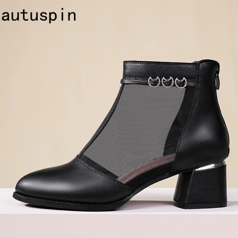 

Autuspin Breathable Women Mesh Ankle Boots 2022 Autumn Fashion Genuine Leather Crystal High Heels Office Ladies Comfort Shoes