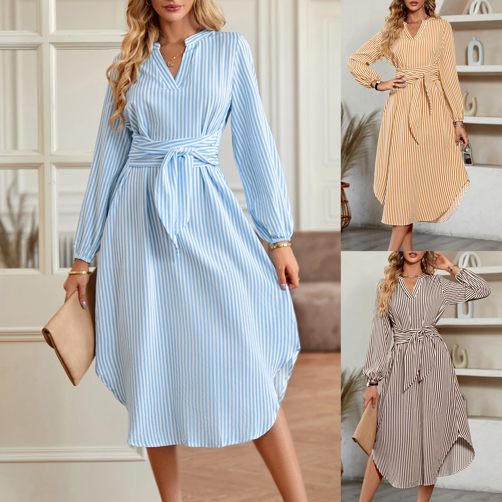 

Женское платье-миди в полоску, с длинным рукавом и поясом