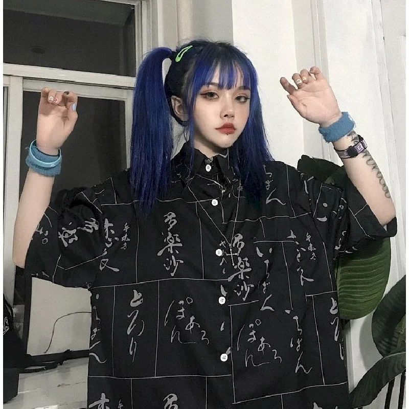 

Harajuku Blouses Woman Vintage Streetwear Japanese Style Cool Short Sleeve Oversized Button Up Shirt Alt Clothes Fashion