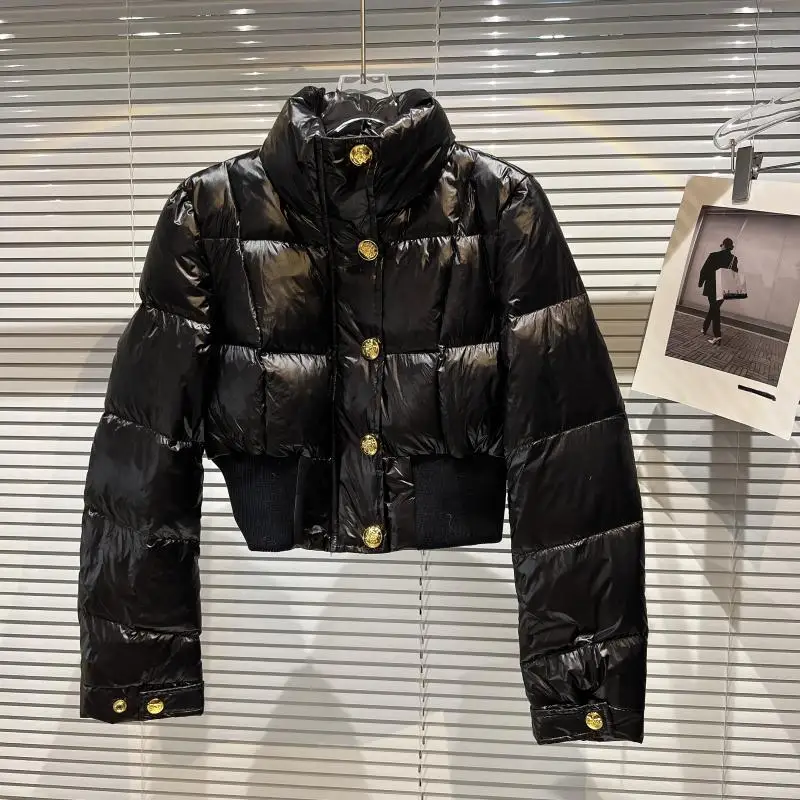 Samll Fragrance Winter Duck Down Cotton-Padded Coat Women Stand Collar Metal Single Breasted Short Warm Outwear
