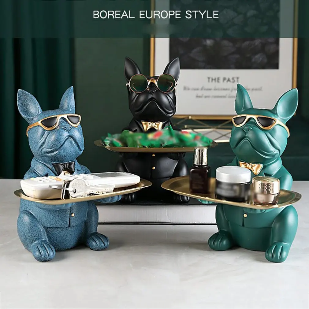 

4 Type Resin Nordic French Bulldog Sculpture Dog Figurine Statue Key Jewelry Storage Table Decoration Gift With Plate Glasses