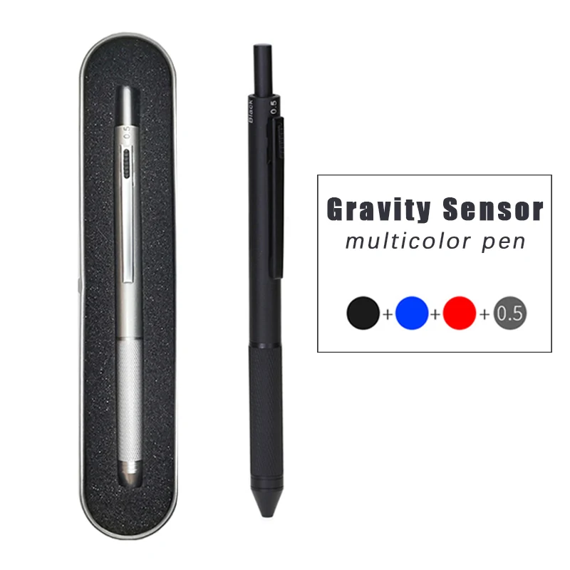 New Gravity-sensing Metal Multicolor Ballpoint Pen 4 In 1 with 3 Color Roller Ball Pen Refills + 1 Pencil Lead Metal Pen Box Set