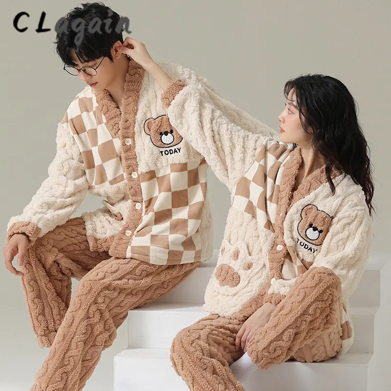 2022 new couples pajamas winter flannel and fleece thickened couples pajamas set fashion cardigan coral fleece home wear set