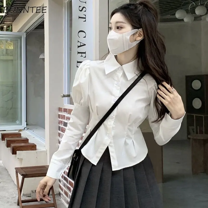 

Shirts Women Crops Sweet Style Preppy Y2k Solid Inside Fashion Schoolgirl Lovely Simple Blusas Slim Ulzzang Holiday All-match