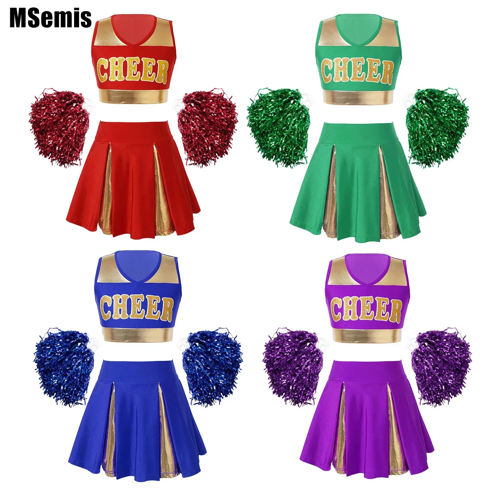 

School Girls Cheerleader Costume New Kids Cheerleading Uniform Sleeveless Letters Crop Top+Mini Pleated Skirt+Flower Balls Sets