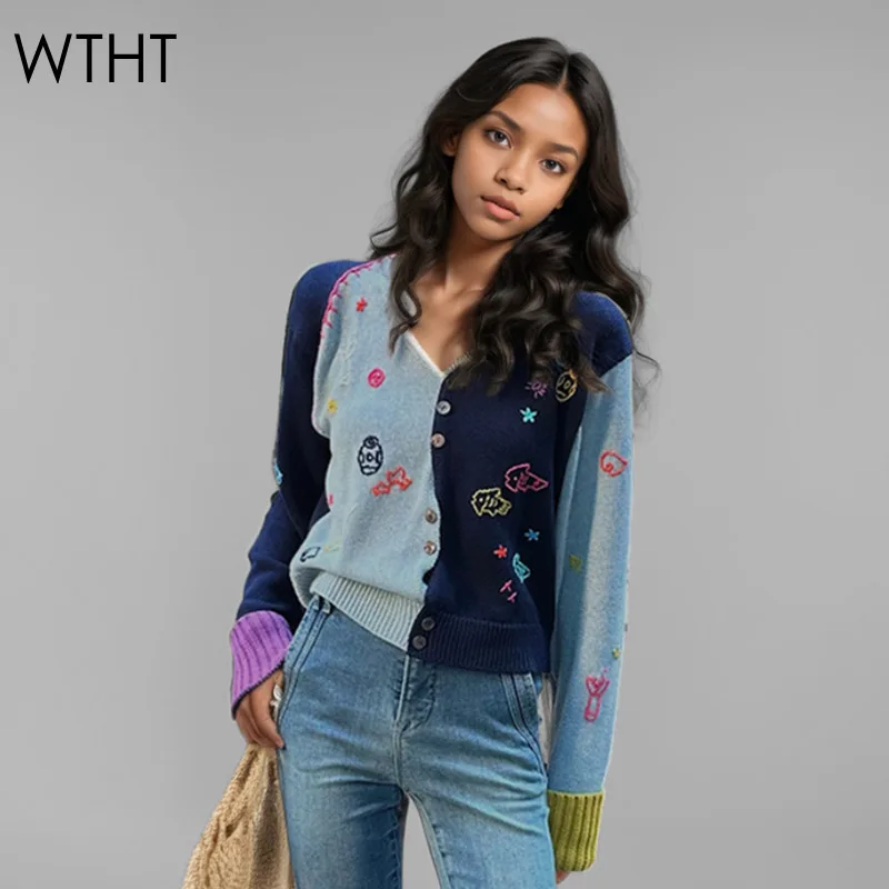 WTHT модный женский лоскутный дизайн с контролем цвета вязаный кардиган 2024 зимний