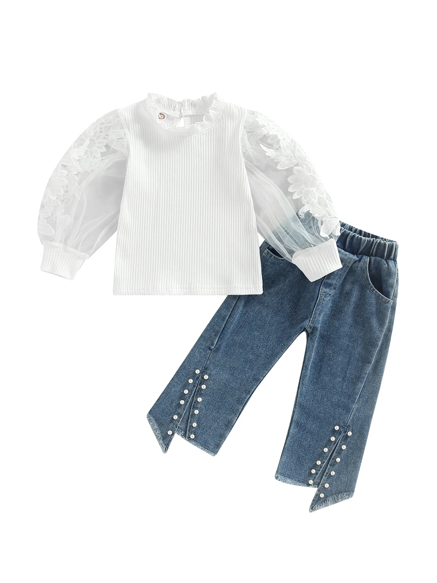 

1-6Y Kids Girls Summer Fall Clothes Sets Baby Lace Sheer Puff Long Sleeve Ribbed Tops Pearl Split Pant Jeans Children Outfits