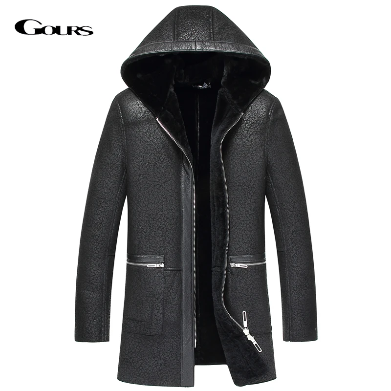 

GOURS Winter Genuine Leather Jacket Men Black Real Shearling Sheepskin Long Coat with Hooded Natural Wool Lining Warm New JF1886