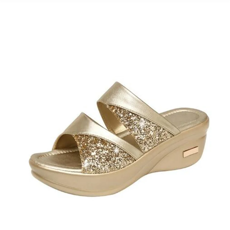

New Women Summer Slippers Ladies Glitter PU Wedges Shoes Female Casual Slingbacks Sandals Comfortable Platform Woman