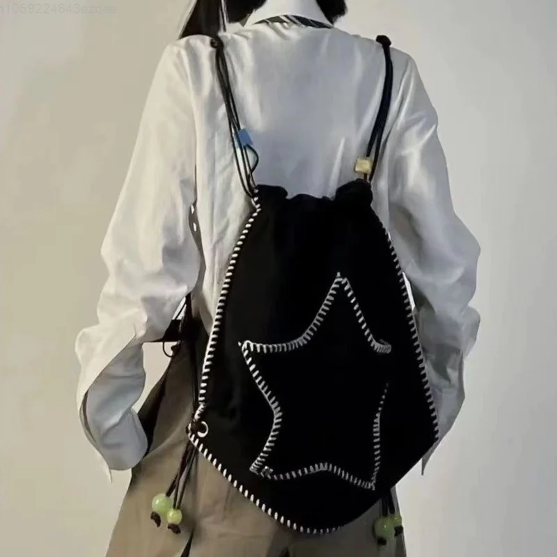 Y2K Women Casual Kawaii Book Backpack Star Black Shoulder Bags Leisure Crossbody Bag Kids Travel Girls Ladies Student Schoolbag
