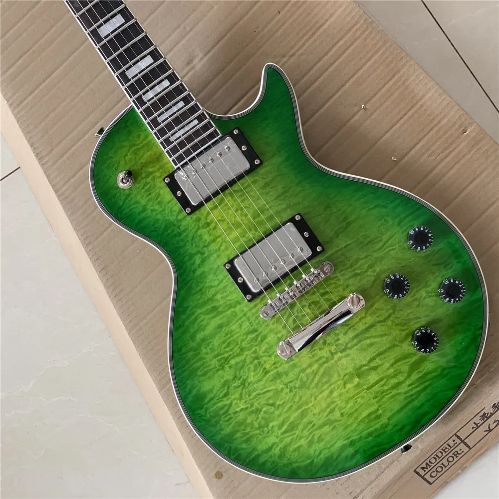 

6 Strings Green Quilted Figure Maple Veneer LP Electric Guitar Gold Hardware