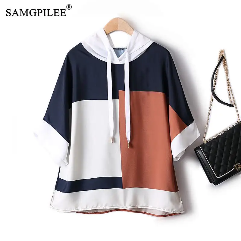 

Oversized T-shirt Patchwork Stranger Things Hooded 2022 Summer New Contrast Color Raglan Mid-sleeve Wide Chiffon T Shirt Women