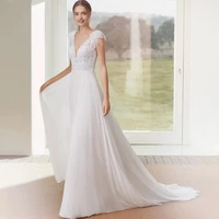 boho sleeveless wedding dress bow 2022 elegant a line deep v neck bridal gown backless chiffon sweep train vestido de noiva
