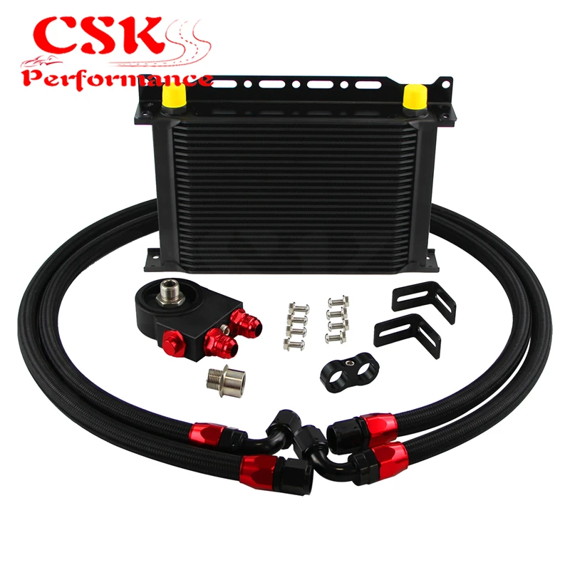 

25 Row 10AN Radiator Aluminum Alloy Oil Cooler & Hose Mounting Kit with Thermostat Oil Filter Adapter