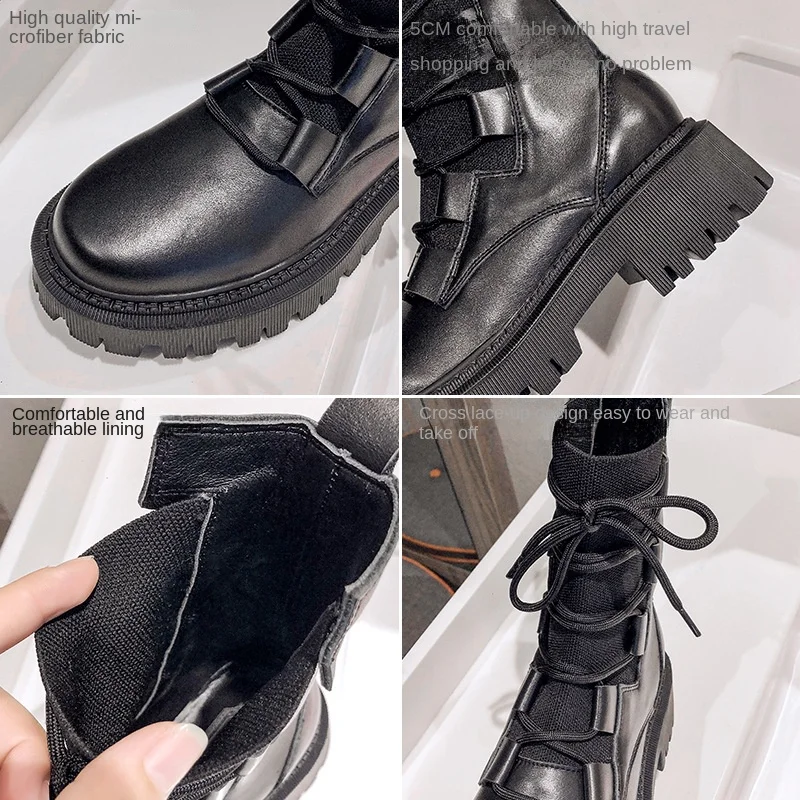 2022 Autumn New Women's Boots Thick Heel Low Heel Flying Knitted Stitching Boots Motorcycle Boots European and American