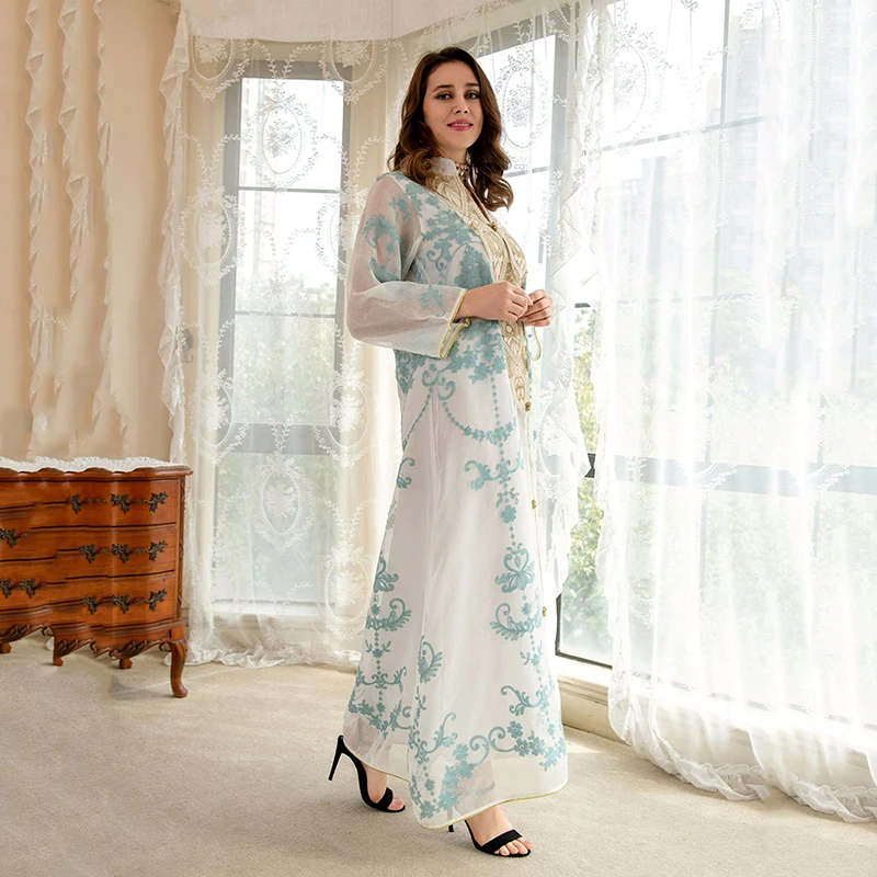Women Flower Embroidery Long Sleeve Abaya 2022 Dubai Luxury Mesh Muslim Dress Evening Party Saudi Arabia Moroccan Abayas Turkey