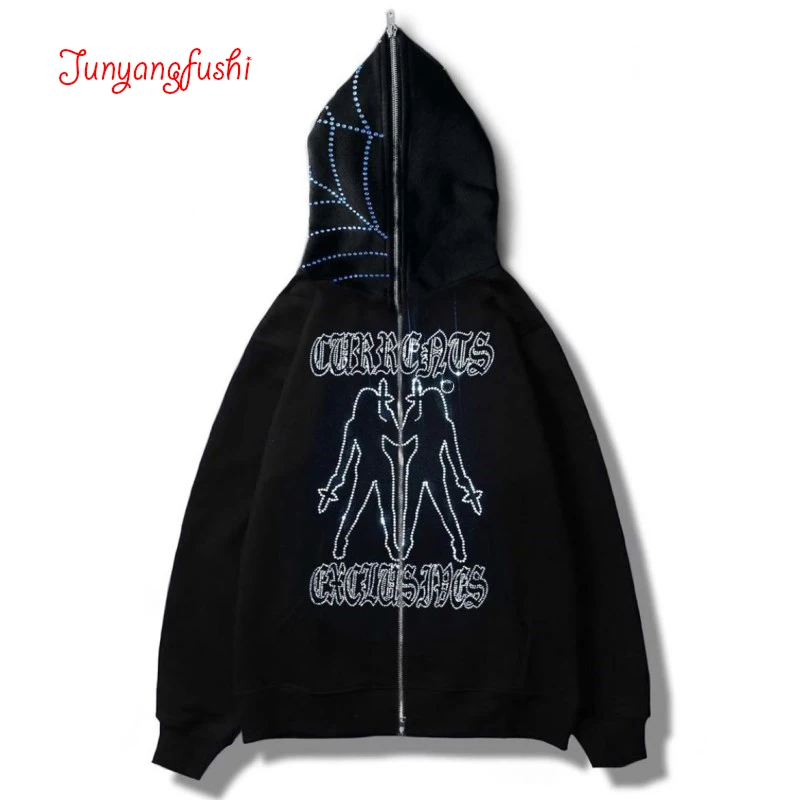 

Y2k Women Black Hoodie Rhinestone Spider Web Print Vintage Zip Up New Harajuku Casual Fashion Oversized Loose Sports Sweatshirt