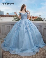 2022 sky blue quinceanera dresses off shoulder beading appliques princess party dresses a line elegent sweet ball gown dress