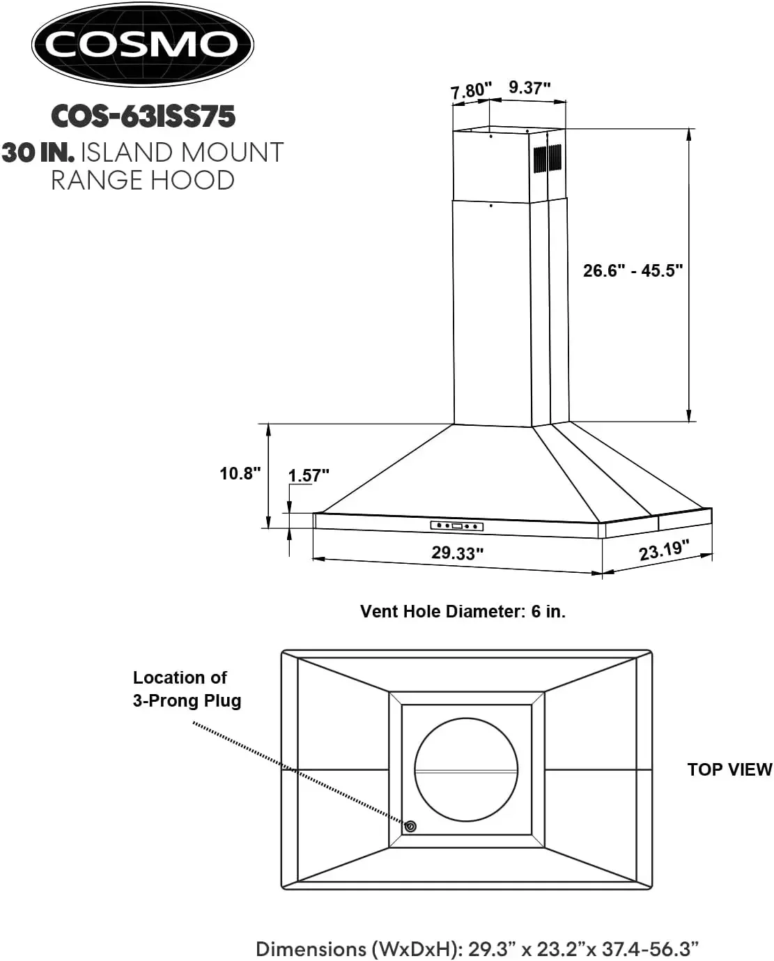 COSMO COS-63ISS75 Островная вытяжка с 3-скоростным вентилятором 380 куб. футов в минуту