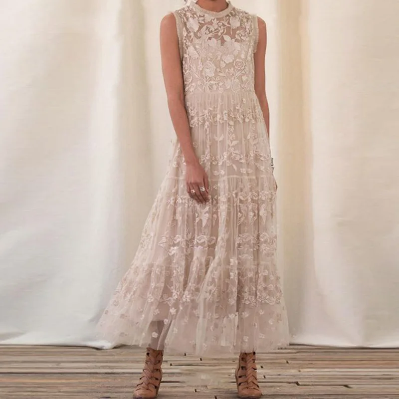 

2022 Sexy Chiffon Dress Women Sleeveless Lace Dress Female Loose Evening Party Dress Vestidos