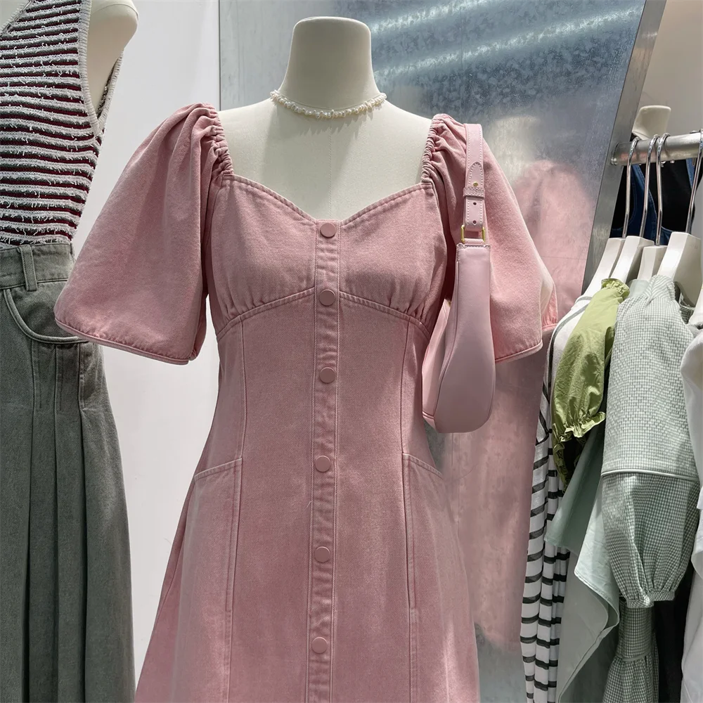 Женское джинсовое платье с V-образным вырезом однотонное розовое мини-платье