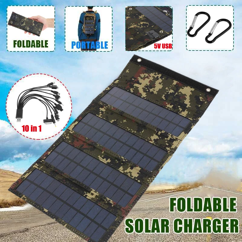 

Foldable Solar Panel 50W 5V Sun Power Cells Bank Pack USB 10 in1 Cable Waterproof for Phone Backpack Camping Hiking solar panel