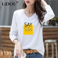 o neck cotton printing casual bottoming tee ladies loose long sleeve t shirt asymmetrical tops women new spring female clothing