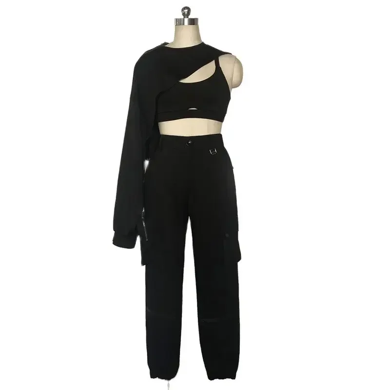 K-pop Black Street Wear Slim Cropped Vest Hoodies Dancer Outfit Jazz Stage Costume Korean Girl Group Hip-Hop Dance Pants